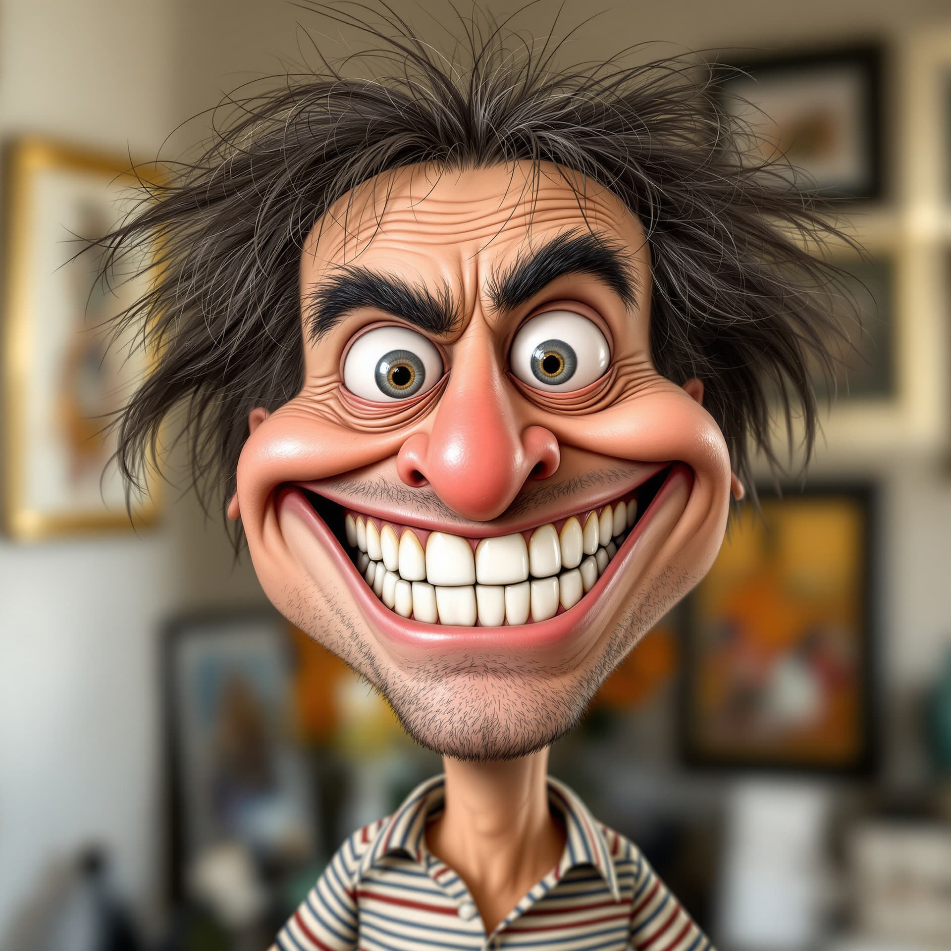 AI generated: funny caricature, exaggerated cartoon human, male, 40 years old, wild-haired, big-nosed, toothy, imp...