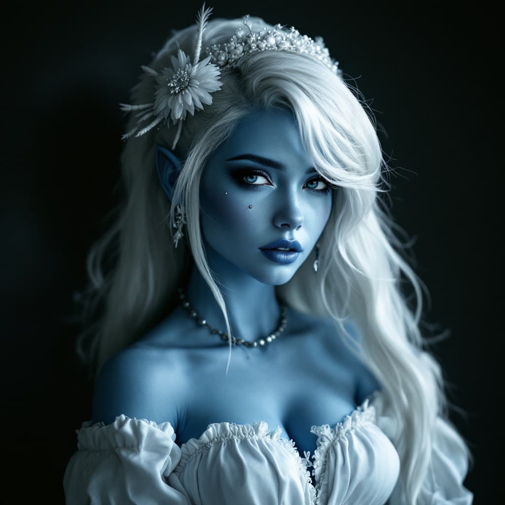 AI generated: smur-fette from the smurfs, beautiful charismatic woman, piercings, athletic, a woman with a white d...
