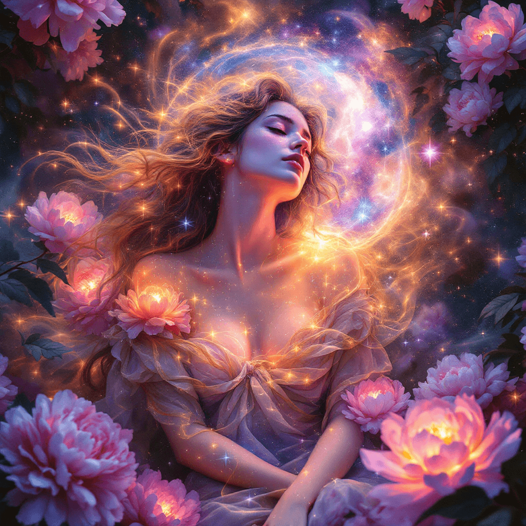 AI generated: Tender holographic colors, Venus Botticelli with galaxy inside out, enigmatic, energetic, long expos...