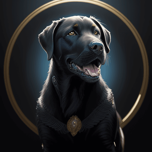 AI generated: portrait of a black labrador retriever with a frisbee in his mouth, blue eyes, intricate, elegant, h...