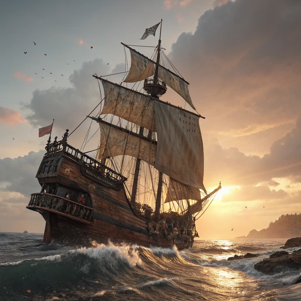 AI generated: Photo of a ultra realistic sailing ship, dramatic light, pale sunrise, cinematic lighting, battered,...