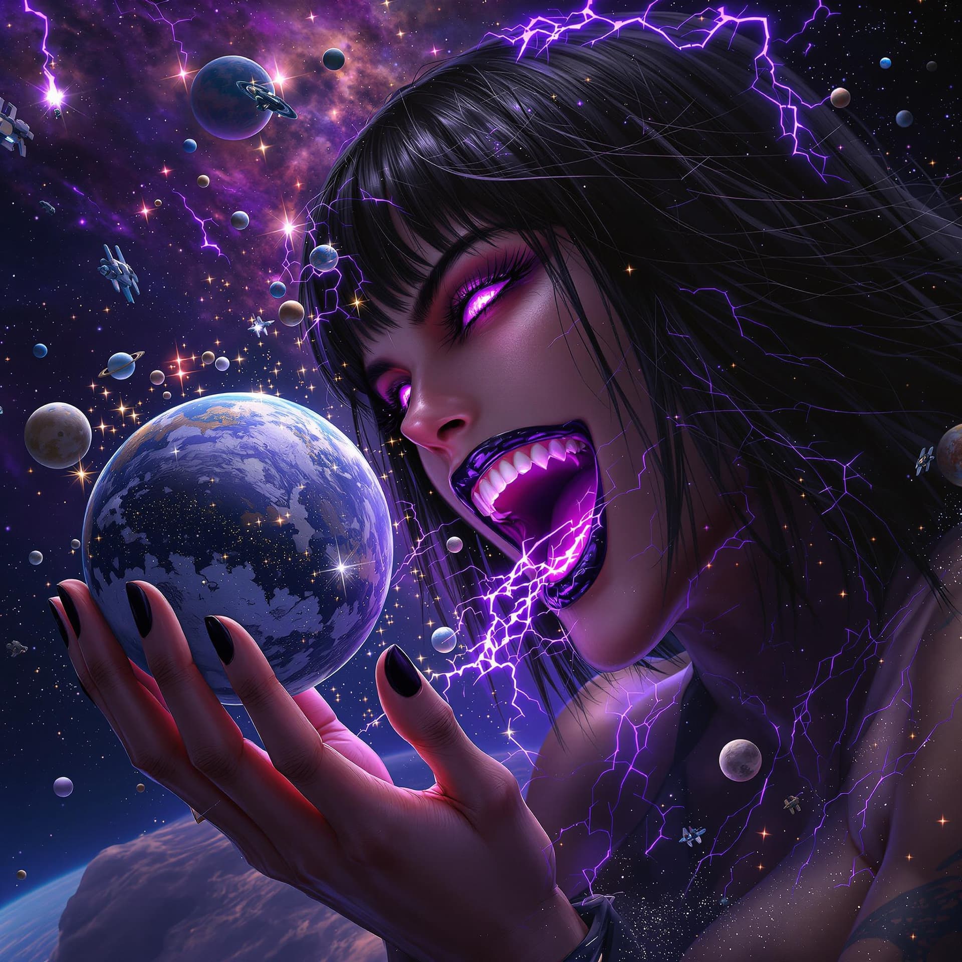 AI generated: enormous giantess female who looks like WWE superstar 
 Rhea Ripley with black medium length hair an...