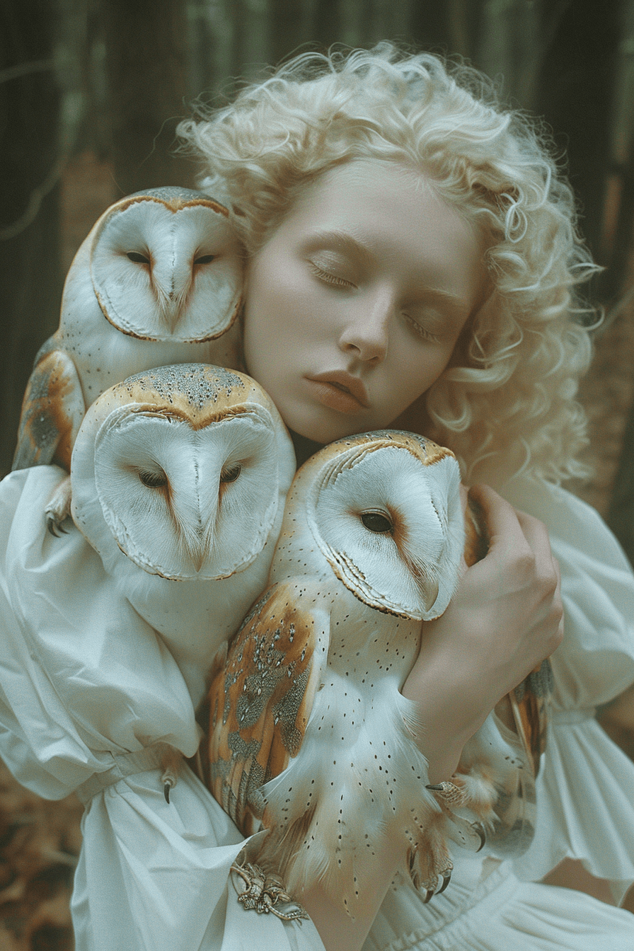 AI generated: images of woman with her owls, in the style of ethereal beauty, porcelain, dark white and light azur...