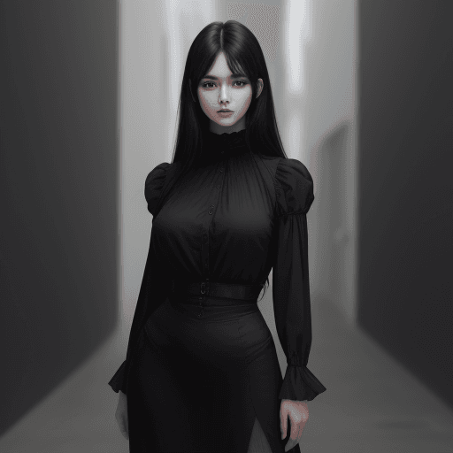 AI generated: woman, HD, high quality, realisitc, 8K, standing, looking at camera, black hair, dark clothes