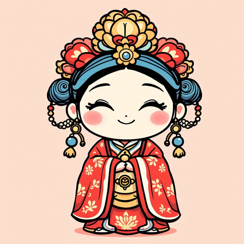AI generated: Draw a cute depiction of the Chinese deity Mazu. Give her a round facial contour to enhance her ador...