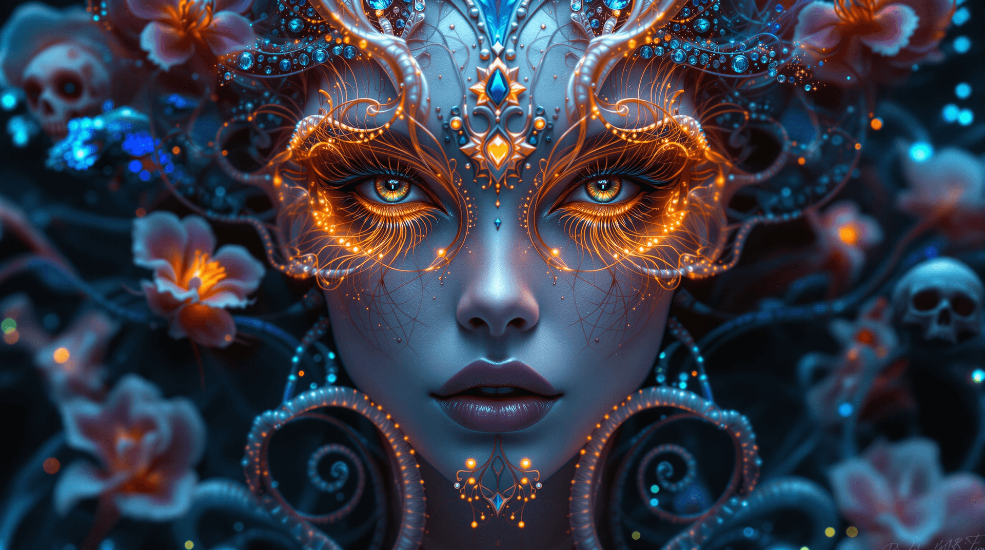 AI generated: Goddess close-up portrait ribcagel. jellyfish phoenix head, nautilus, orchid, skull, betta fish, bio...