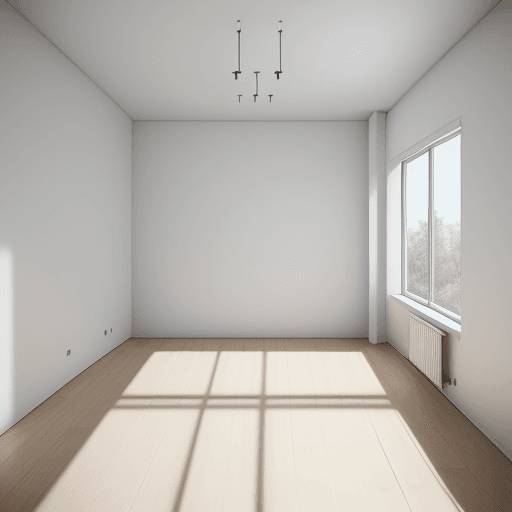 AI generated: Before-after of a room, empty bright room on a side and decorated room on the other side, minimalist...