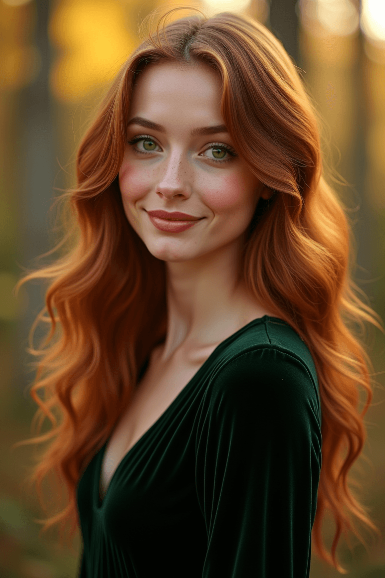 AI generated: A hyper-realistic portrait of a young woman with almond-shaped green eyes and long wavy auburn hair....