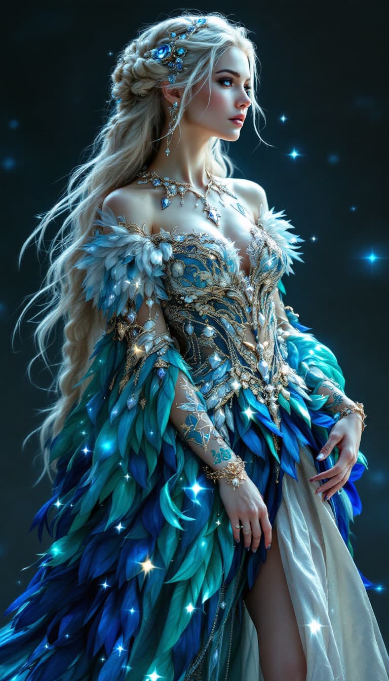 AI generated: An ultra-realistic, full-body portrait of a captivating celestial archer woman, her stance both rega...