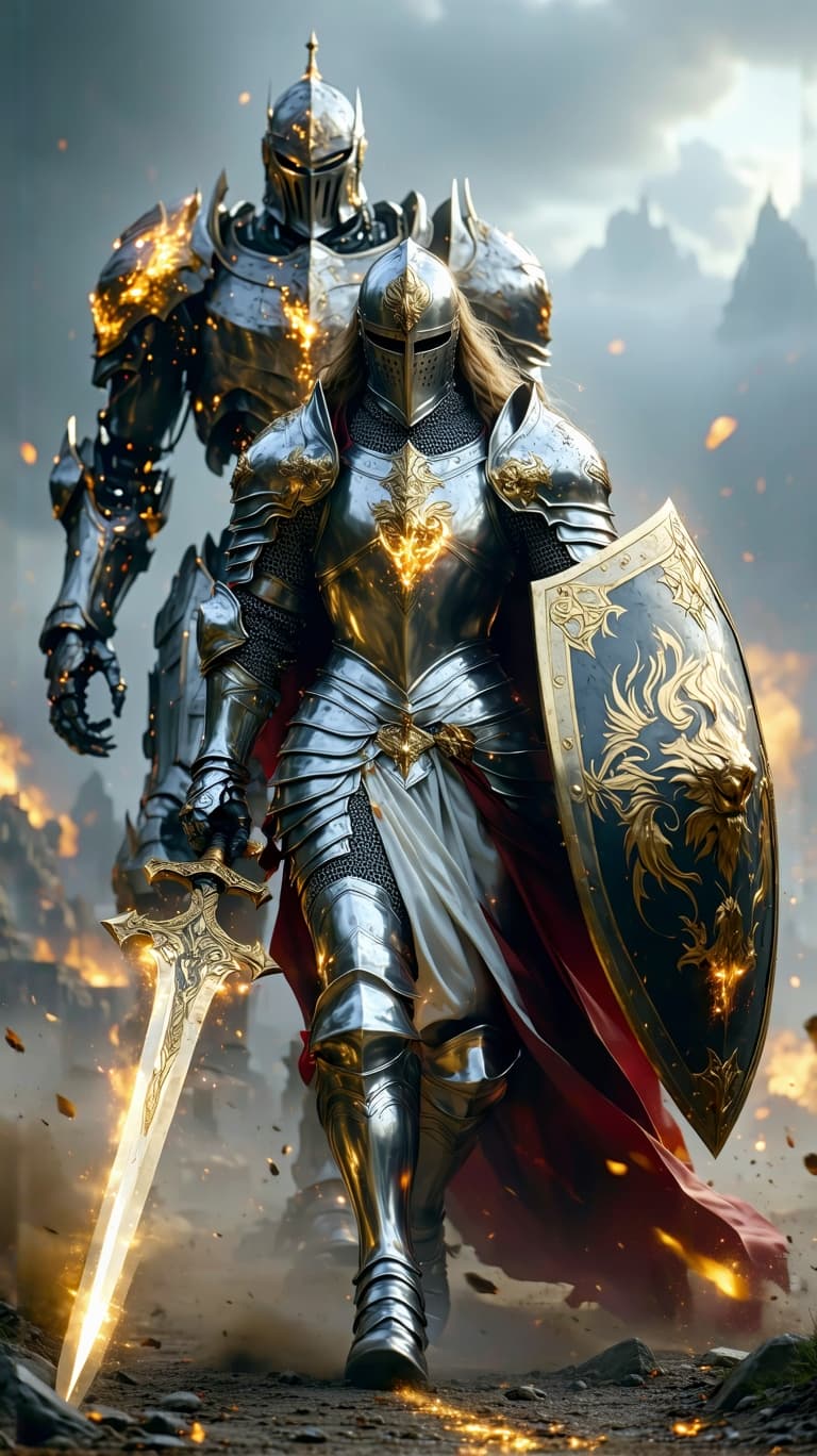 AI generated: An ultra-realistic, zoomed out, front facing, full-body portrait of a noble Paladin in gleaming silv...