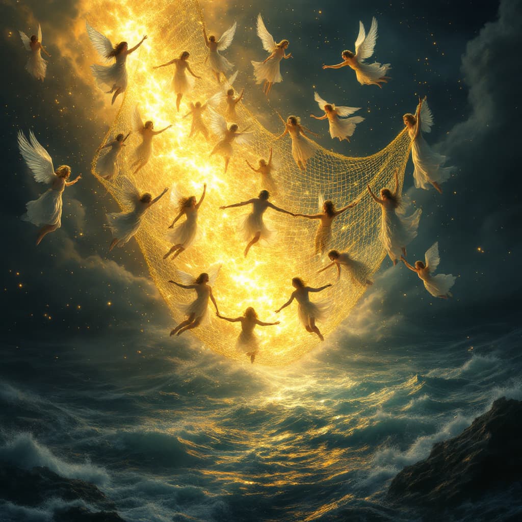 AI generated: "A glowing, golden net, shimmering like diamonds, is cast into the deep, turbulent sea, symbolizing ...