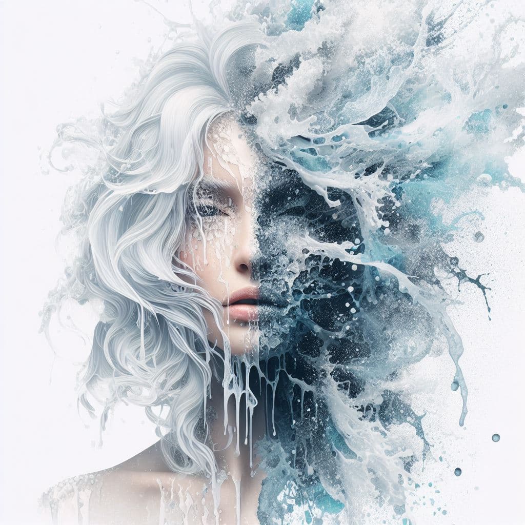 AI generated: A half body portrait of a woman made of water and ice, half body is submerged in ice, white hair dep...