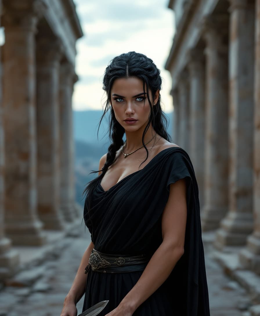 AI generated: A realistic photograph of a Greek woman, set in a Greek temple. She has wavy black hair tied back in...