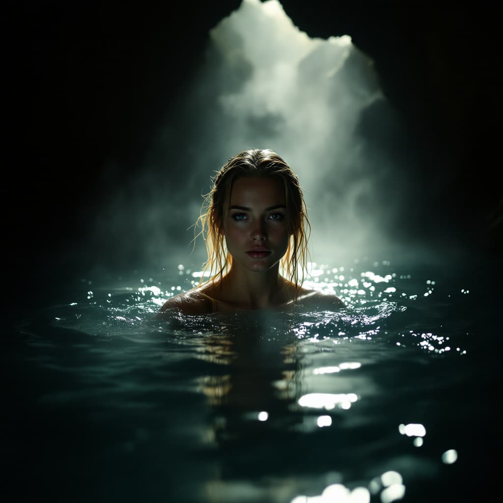 AI generated: hot spring inside a dimly lit cave, steam rises from the water, a woman with long wet blonde hair sw...