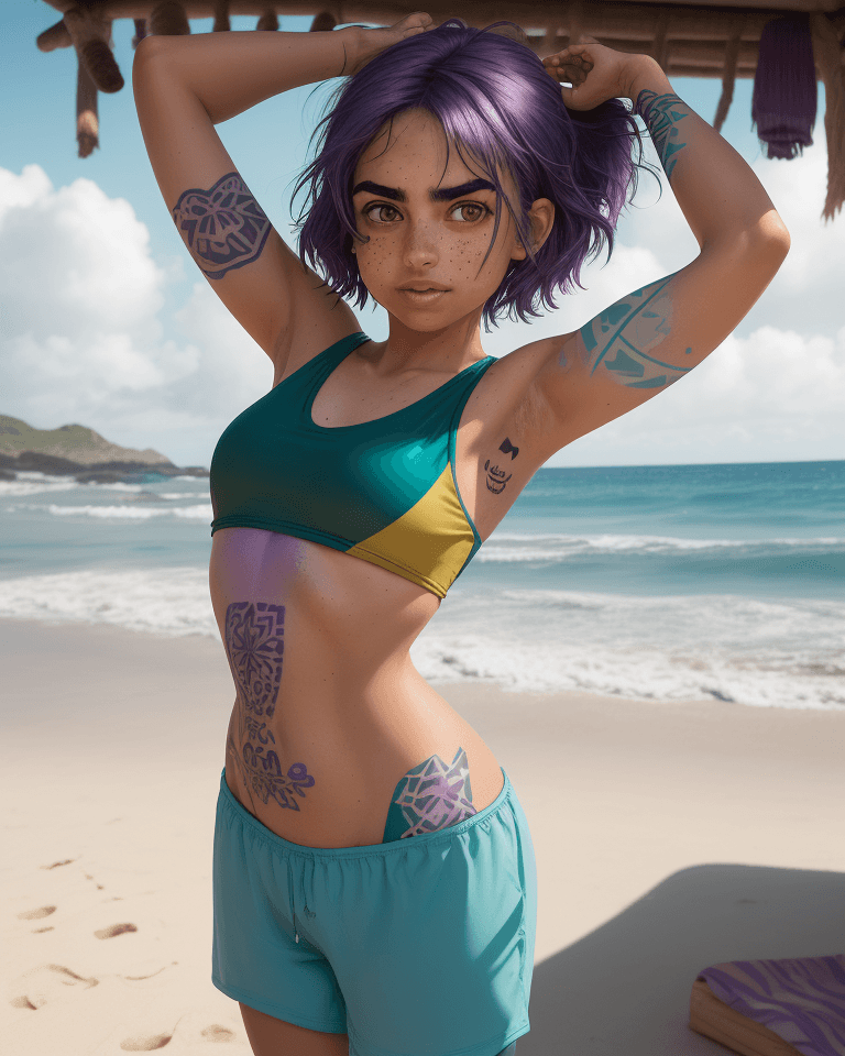 AI generated:  female in her 20's, medium sized, olive skin tone,  stands on a beach, hands behind head, front vie...