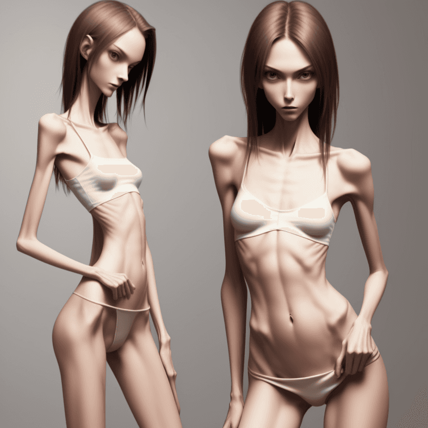 AI generated: extreme beautiful skinny slender (almost anorexic)  girl with skinny slender thighs narrow, without ...