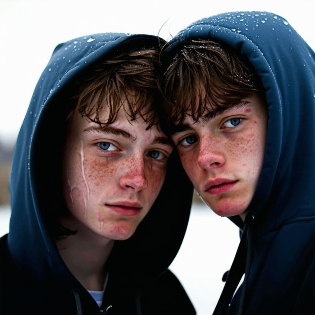 AI generated: a photorealistic portrait of two young people standing close together, one resting their head on the...