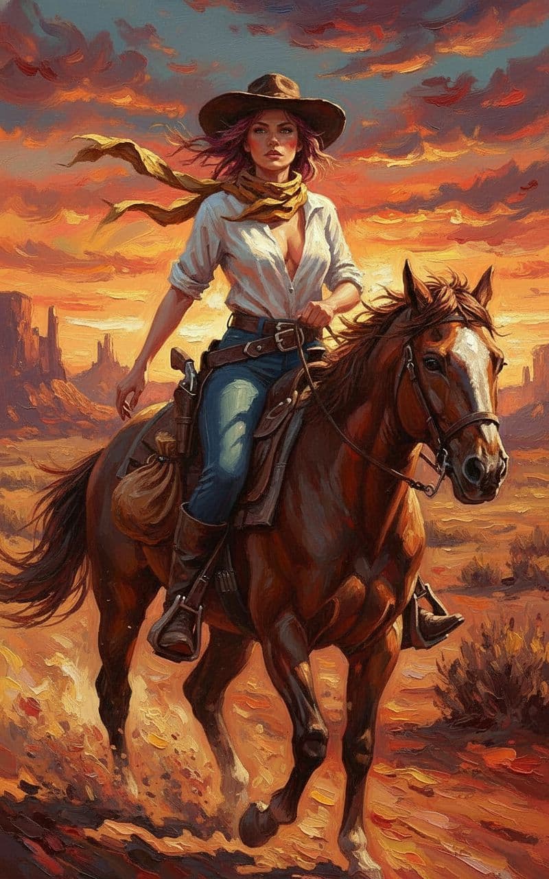 AI generated: A dramatic impasto oil painting in high relief, portraying a mysterious female outlaw riding her hor...