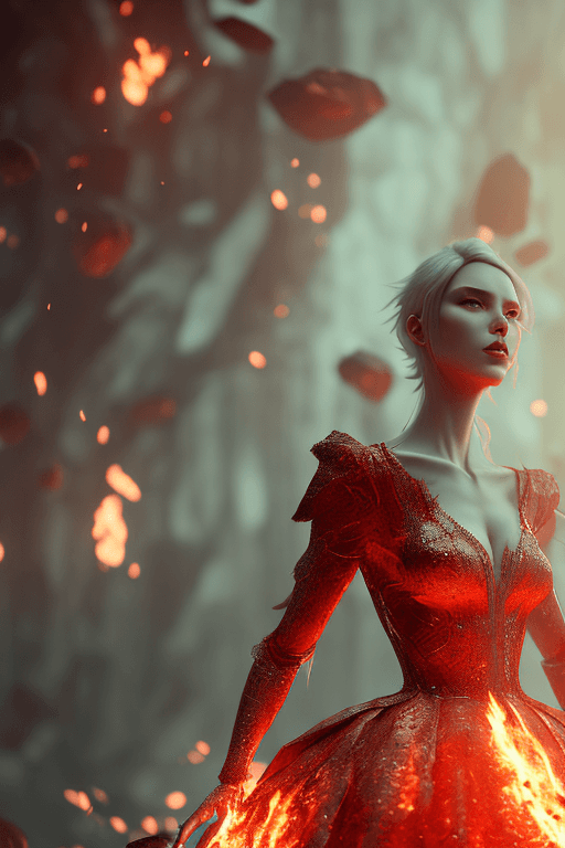 AI generated: mdjrny style v4 red ball gown, ingniting at the bottom, set on fire, perfectly redish, full body, la...
