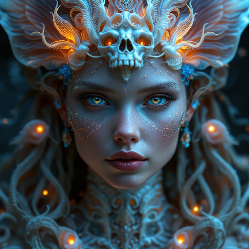 AI generated: Goddess close-up portrait ribcagel. jellyfish phoenix head, nautilus, orchid, skull, betta fish, bio...