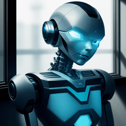 AI generated: Robot standing in front of the window, sitting robot close-up, human-faced robot, close-up humanoid ...