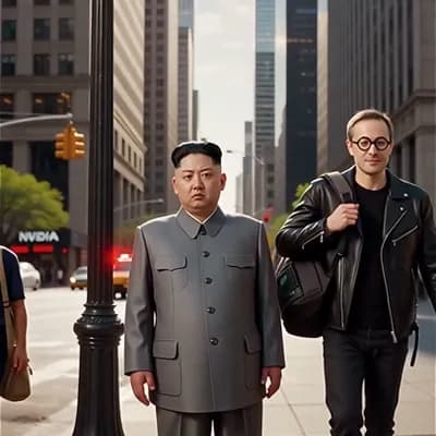 AI generated video: 뉴욕시내. 지나가던 NVIDIA CEO JENSEN HUANG 구걸을 하고 있는 북한지도자 김정은을 발견합니다. JENSEN HUANG 자기 가방에서 선물상자를 꺼내 김정은에게 건...