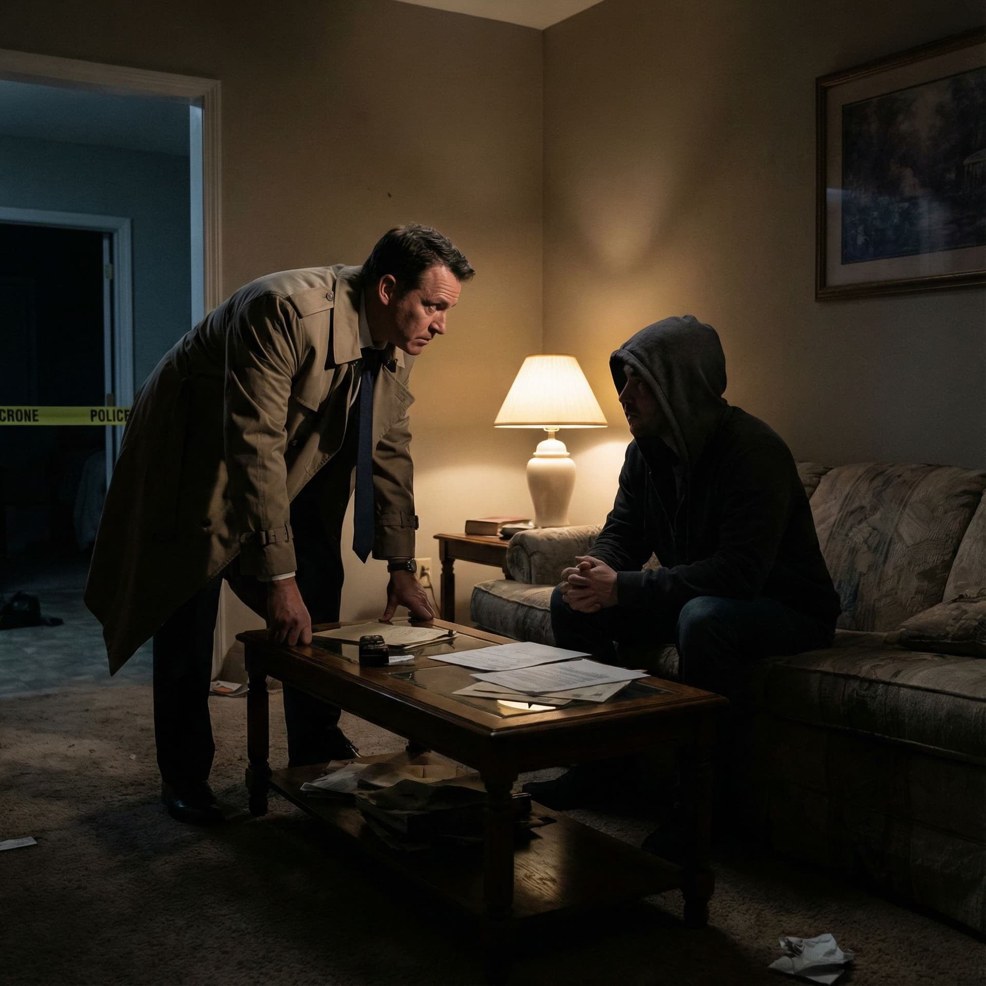 AI generated: A detective confronting a suspect in a living room, tense atmosphere, dramatic shadows, cinematic cr...