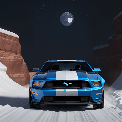 AI generated: blue ford mustang, drift canyon , snow, moon , hyper realism, high detail, octane render, 8k