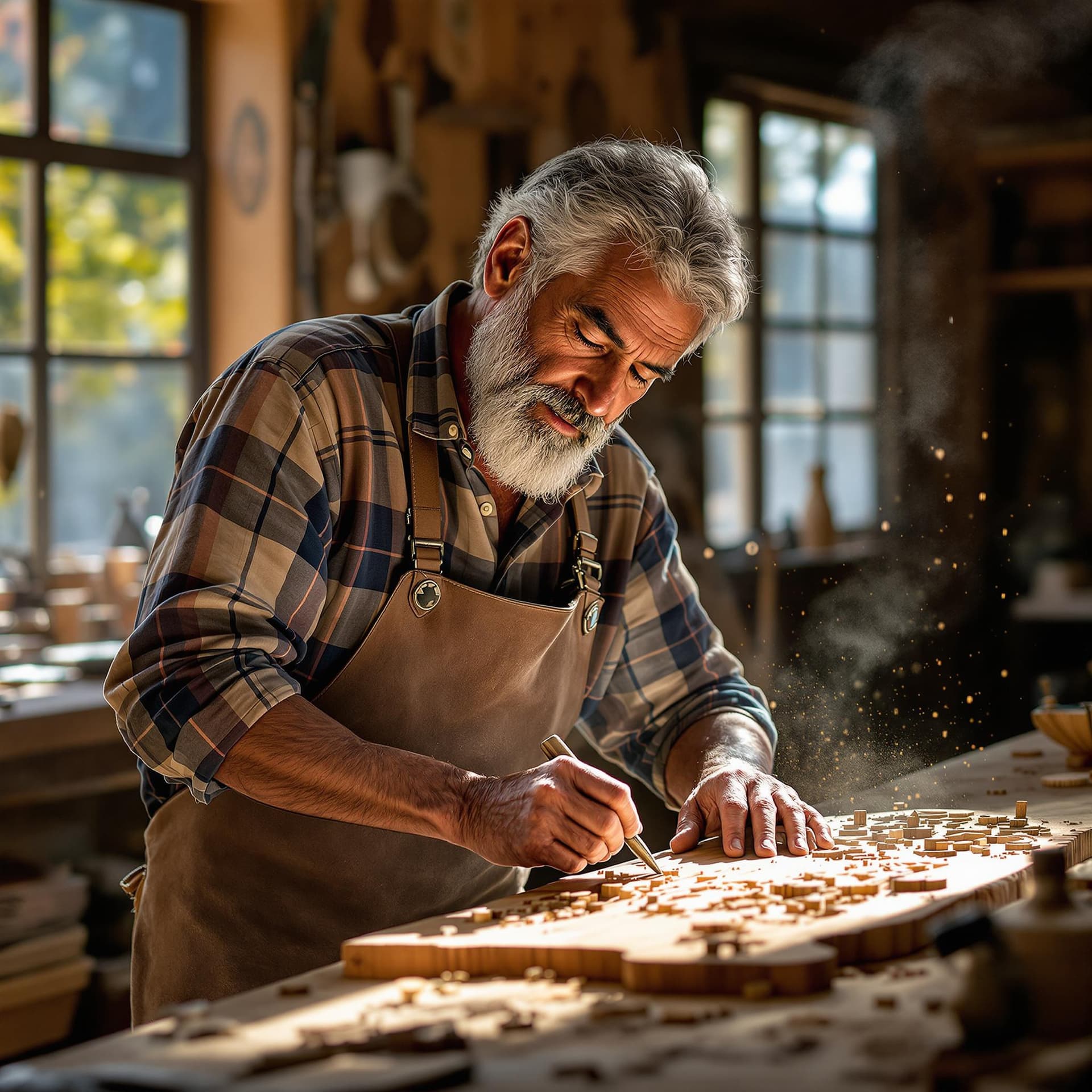 AI generated: A middle-aged Indian male woodworker in his sunlit workshop. He has weathered hands and a focused ex...