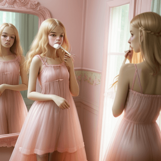AI generated: blond woman in pink dress brushing teeth in front of mirror, pink dress, translucent dress, dressed ...