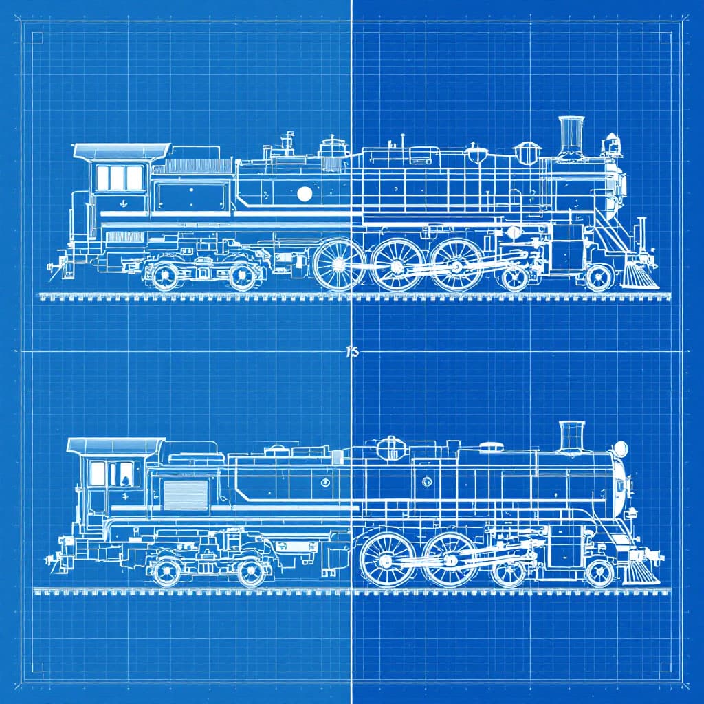 AI generated: 15.	“A side-by-side comparison of old and modern blueprint styles for a train locomotive, high-res, ...