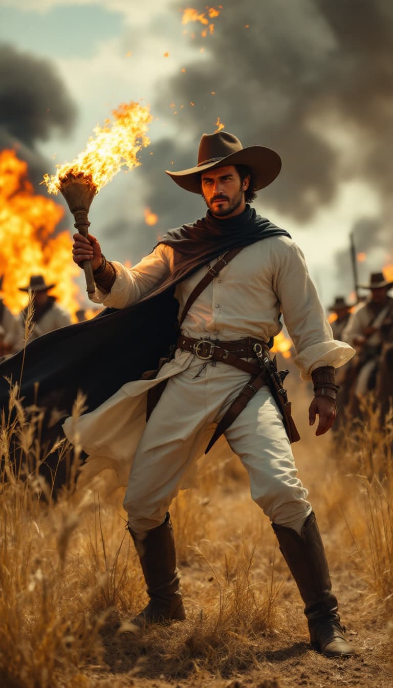 AI generated: soldier Mateo setting fire to tall grass with a torch, in epic battle in 1817, dressed wearing a lon...