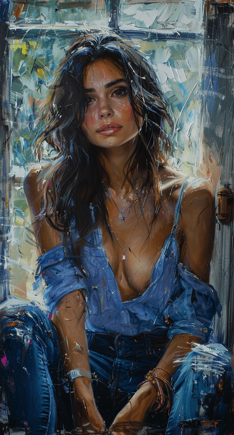 AI generated: a painting of a woman sitting near a window, in the style of beautiful women, playfully intricate, h...