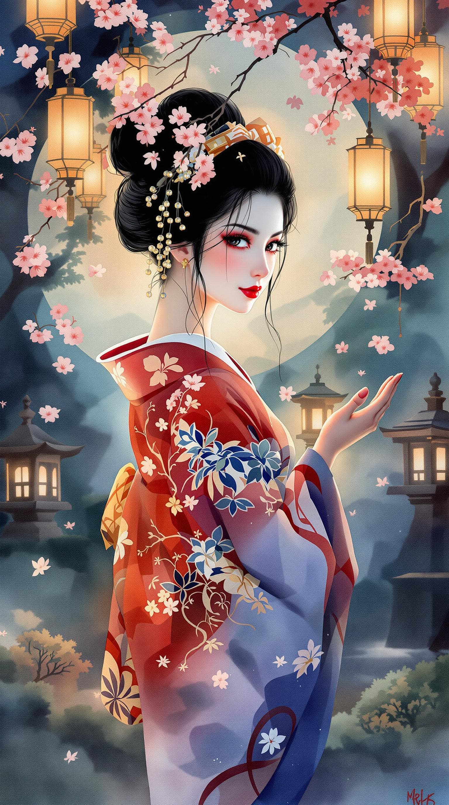 AI generated:  A vibrant watercolor portrait of a Japanese geisha, depicted in dynamic motion, set amidst a serene...