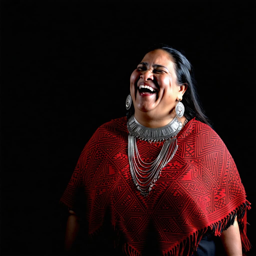 AI generated: dark background, dramatic light, backlight, rim lighting, (chubby:0.3), mexican woman 44yo, laughing...
