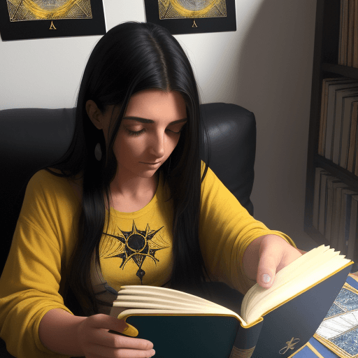 AI generated: una foto realista, de una chica de 20 años, cabello negro, usando un hottie amarillo, leyendo las ca...