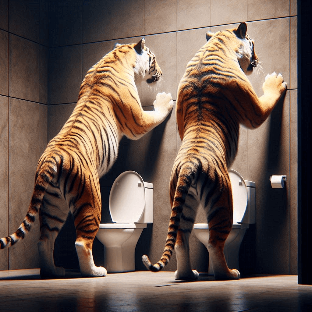 AI generated: Close-up cinematic professional 3D animation of two standing tigers using a restroom, facing a wall ...