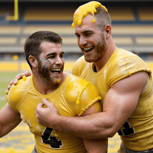 AI generated: two rugged handsome smiling, sweaty, caucasian american football players with short cropped hair, th...