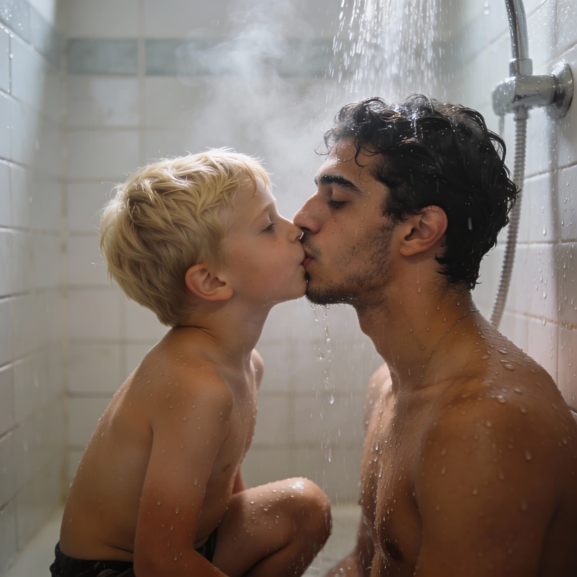 AI generated: Fait un très jeune garçon blond blanc qui suce à genoux un libanais de 20 ans dans une douche