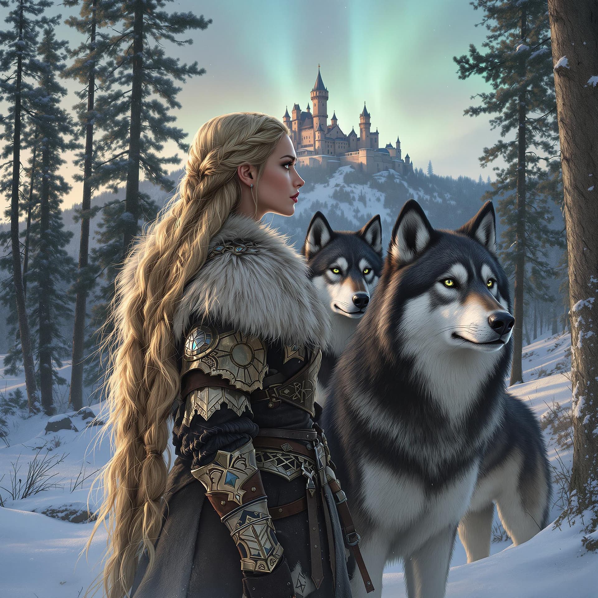 AI generated: A Viking warrior woman with long golden braids, dressed in intricately detailed fur and leather armo...