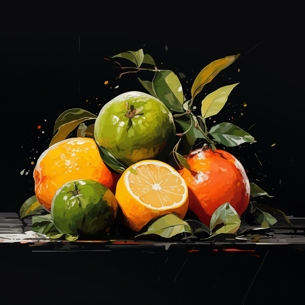 AI generated: Still life vector, Fruits, Refreshing, Juicy, Ripe, Orange and Green, artist Ismail Inceoglu, Contra...