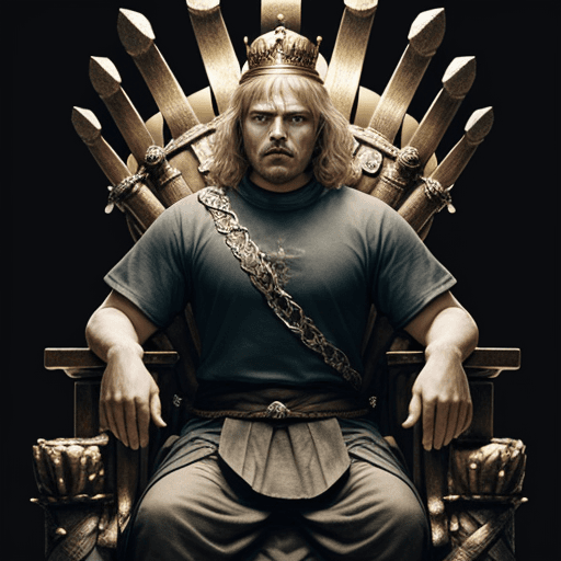 AI generated: King in a T-shirt wearing a crown on the throne from Game of Thrones