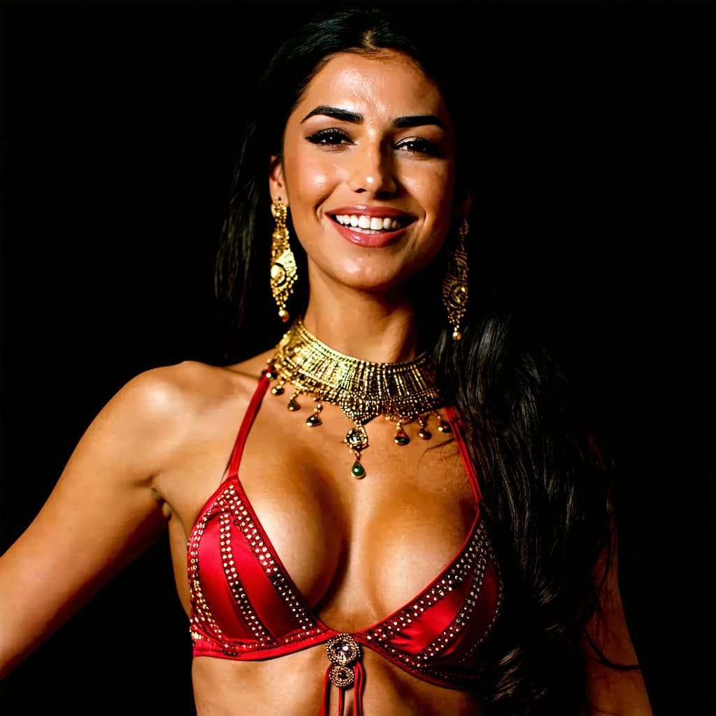 AI generated: Rania Youssef (ethnicity:1.2, age:1.1), performing belly dance, (detailed clothing:1.2),  red bra ad...