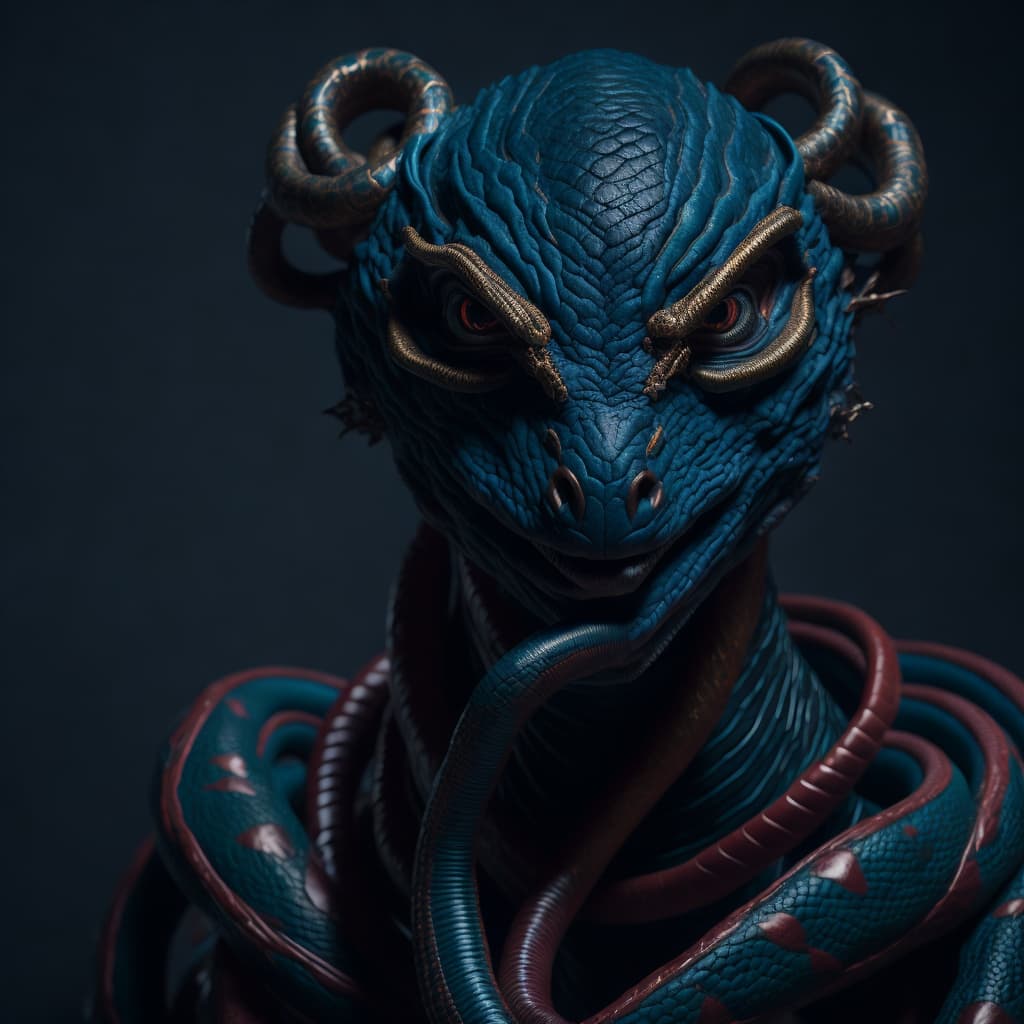 AI generated: an anthropomorphic female snake with beautiful red, blue, and gold makeup.set against a backdrop of ...