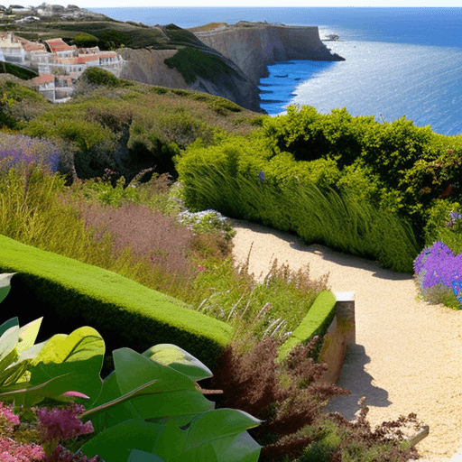 AI generated: cliff top garden overlooking the sea, with rough dirt path