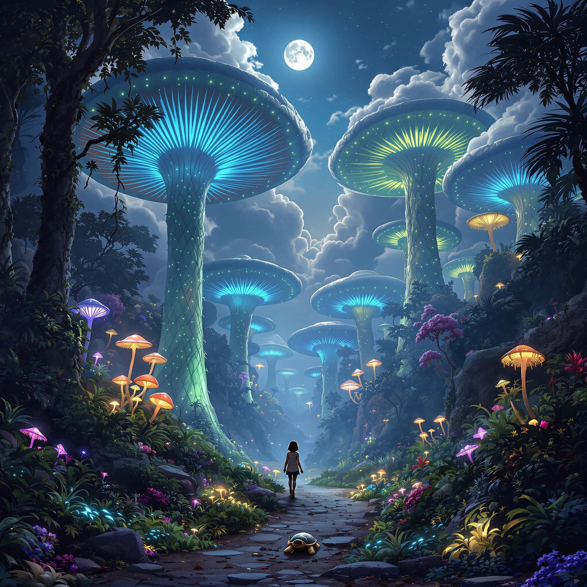 AI generated: A vertical view of an alien tropical jungle, where massive glowing mushrooms with blue and green bio...