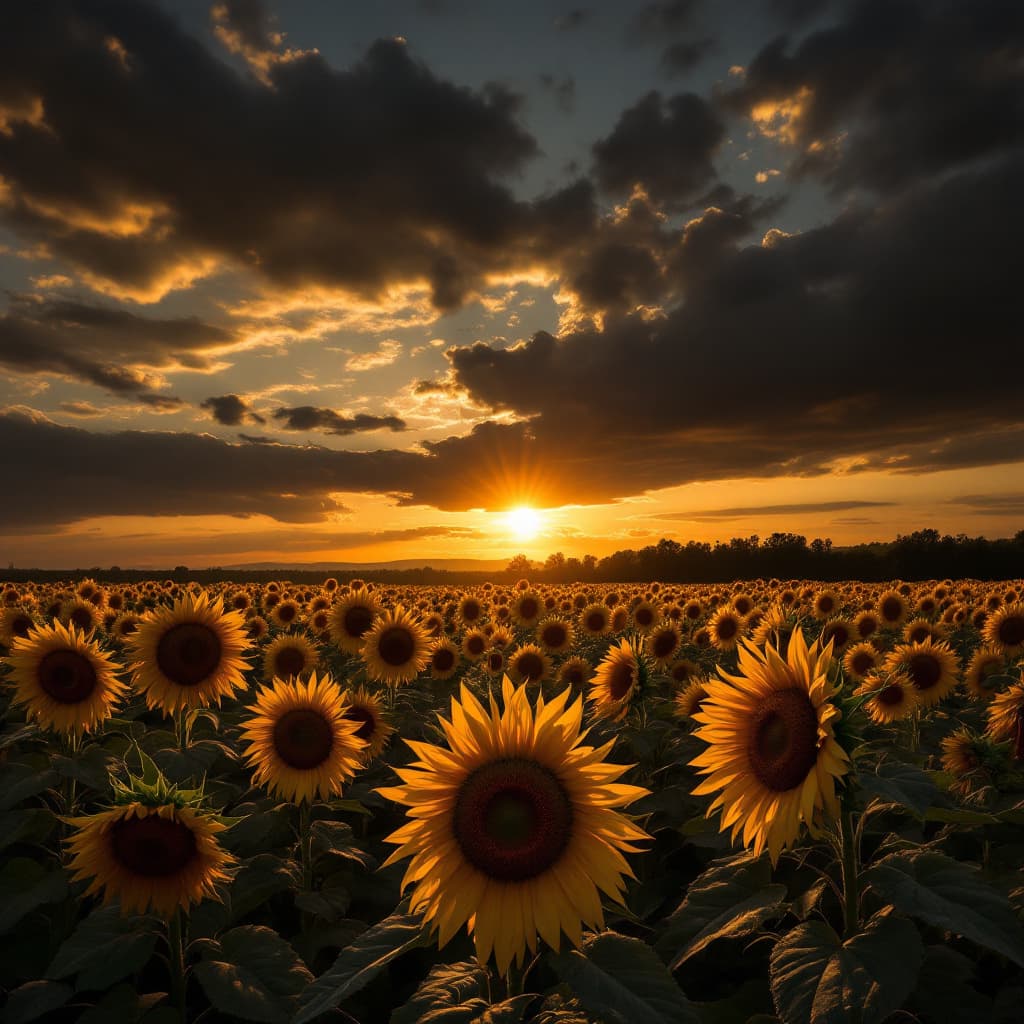 AI generated: Sunflower field at sunset, dramatic sky dark