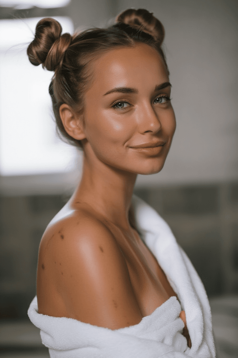 AI generated: A portrait of a young woman with grey eyes, dark blond hair, very natural makeup, and is tan and has...