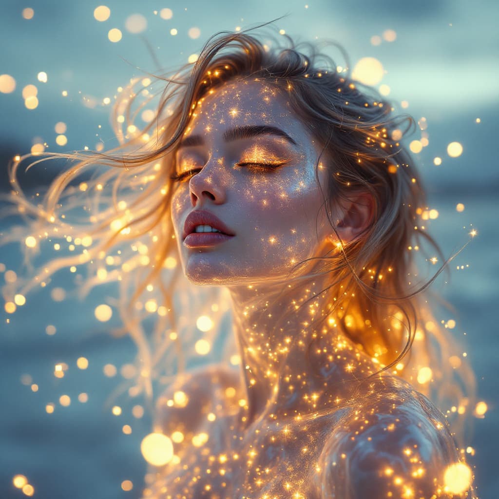 AI generated: A photorealistic 4K image of a woman with transparent, crystal-like skin, glowing from within with a...