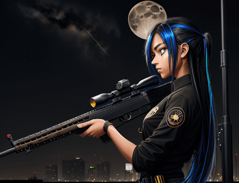 AI generated: side view emo beautiful tan skin girl. 18. gold eye iris. black shirt. blue highlights on black hair...
